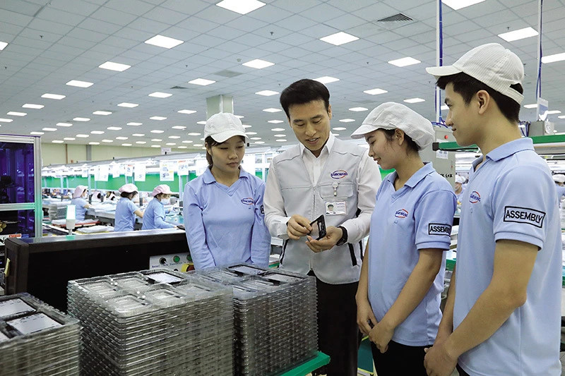 北江省越安市Samkwang公司工作人员。(图片来源:越通社)