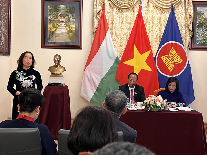 越南国会副主席陈光方和越南驻匈牙利大使阮氏碧草倾听与解答旅居匈牙利越南人的问题。（图片来源：越通社）