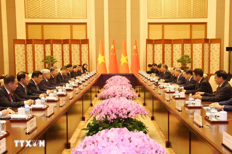 越共中央总书记、国家主席苏林会见中国国务院总理李强。（图片来源：越通社）