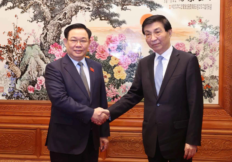 越南国会主席王廷惠会见中共中央政治局常委、全国政协主席王沪宁。（图片来源：越通社）