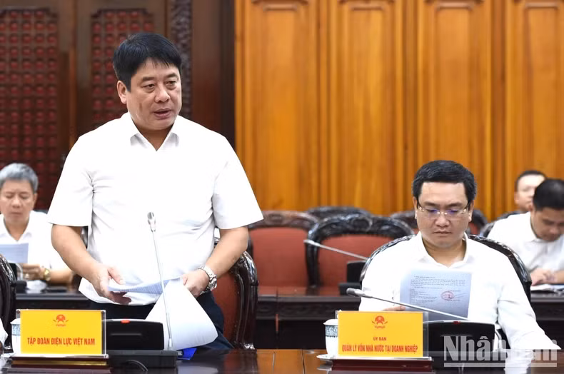 越南电力集团总经理阮英俊向政府总理汇报500千伏三回输电线路项目实施情况。