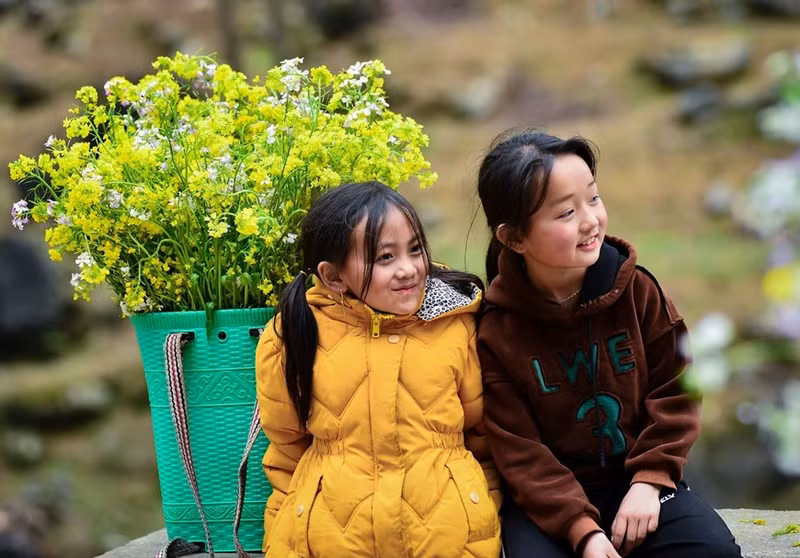 背着装满黄色油菜花篮子的孩子们在 沈马山坡上玩耍。
