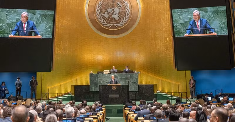 联合国秘书长安东尼奥·古特雷斯第78届联合国大会一般性辩论上发表讲话。（图片来源：UN）