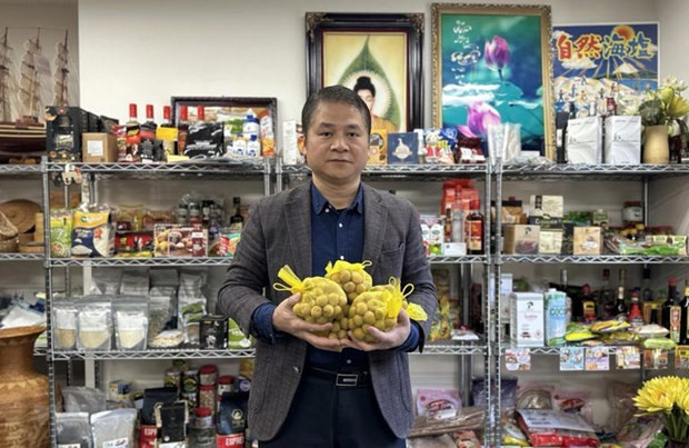 越南驻日本贸易参赞谢德明介绍越南新鲜龙眼。（图片来源：越通社）