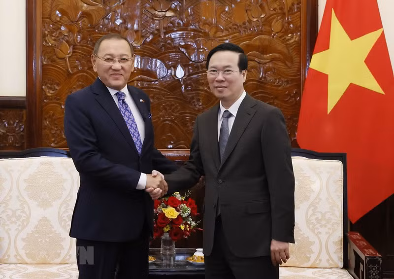 越南国家主席武文赏在主席府会见哈萨克斯坦驻越南大使叶尔兰·拜扎诺夫。（图片来源：越通社）