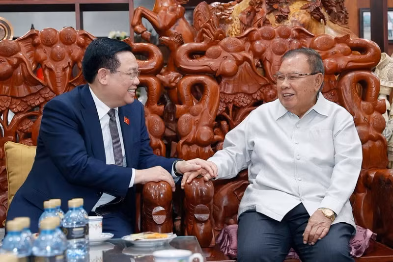 越南国会主席王廷惠拜访了前老挝人民革命党中央前总书记、前老挝国家主席本扬•沃拉吉。