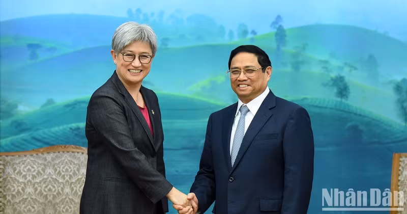 越南政府总理范明正会见澳大利亚外交部长黄英贤。（陈海 摄）