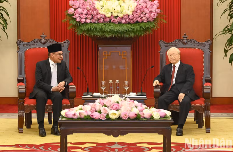 越共中央总书记阮富仲会见马来西亚总理安瓦尔。