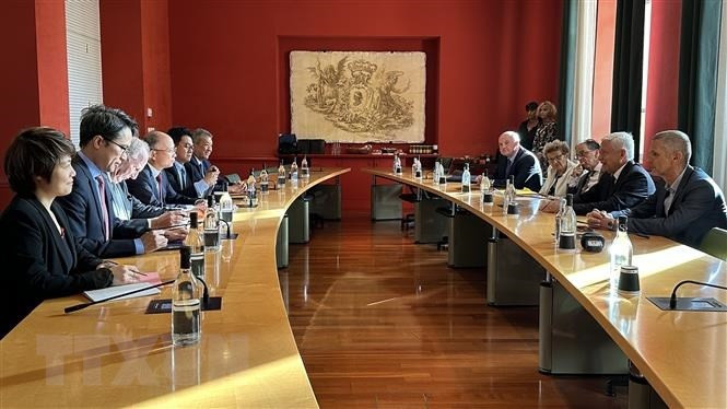 越南驻法大使丁全胜与法国科西嘉执行委员会常务委员、科西嘉发展署署长亚历山大·文西盖拉举行会谈。（图片来源：越通社）