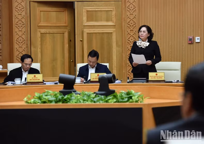 越南国家银行行长阮氏红发表讲话。