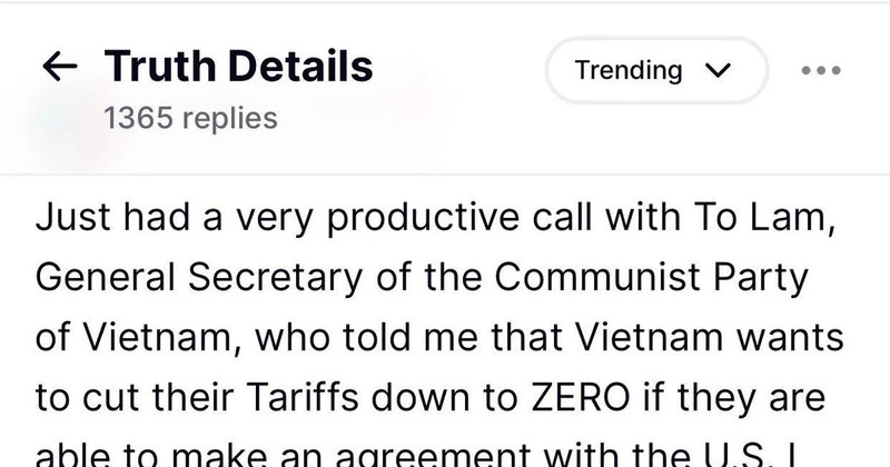 美国总统唐纳德·特朗普在社交网络“真实社交”（Truth Social）上发布与越共中央总书记苏林通电话消息的截图。（图片来源：越通社）