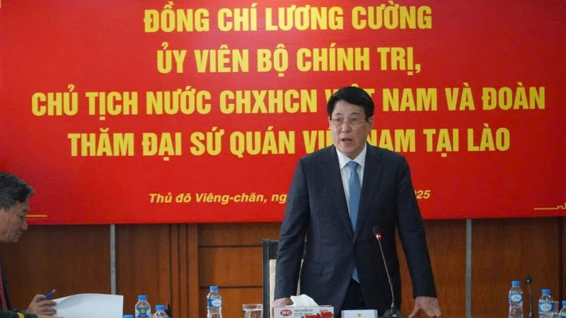 越南国家主席梁强发表讲话。