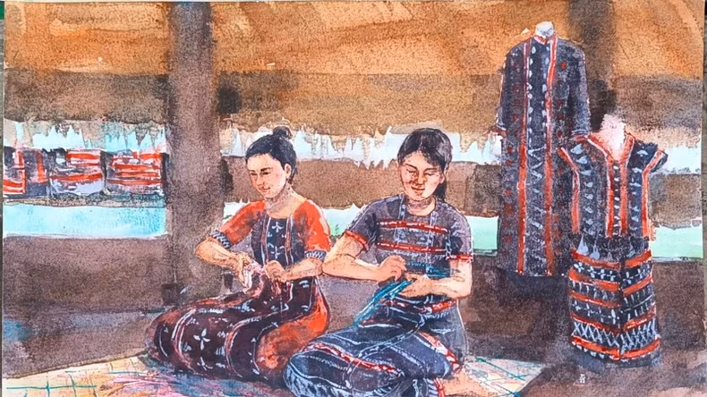 阮秋姮作者的“达渥(Tà Ôi)族妇女编织草席”。 阮秋姮作者的“达渥(Tà Ôi)族妇女编织草席”。