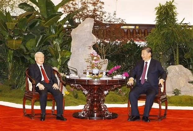 越共中央总书记阮富仲与中共中央总书记、中国国家主席习近平品茶。（图片来源：越通社）