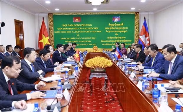 越南国会主席王廷惠与柬埔寨王国国会主席韩桑林举行会谈。（图片来源：越通社）