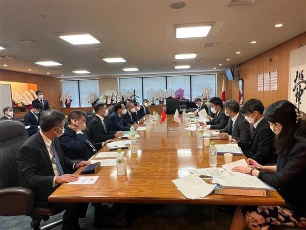 越南劳动、荣军与社会部与日本厚生劳动省的工作会谈场景。（图片来源：越通社）