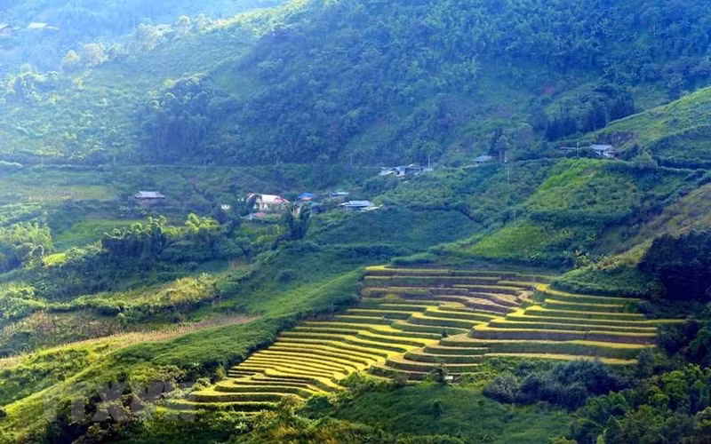 午后的阳光映照出隐藏在西北地区广袤山脉中的梯田。