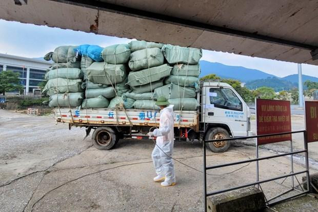 北风生口岸正式恢复通关第一天，载有各种货物的货车从中国里火口岸驶入北风生口岸的首辆货车。（图片来源：《广宁报》）