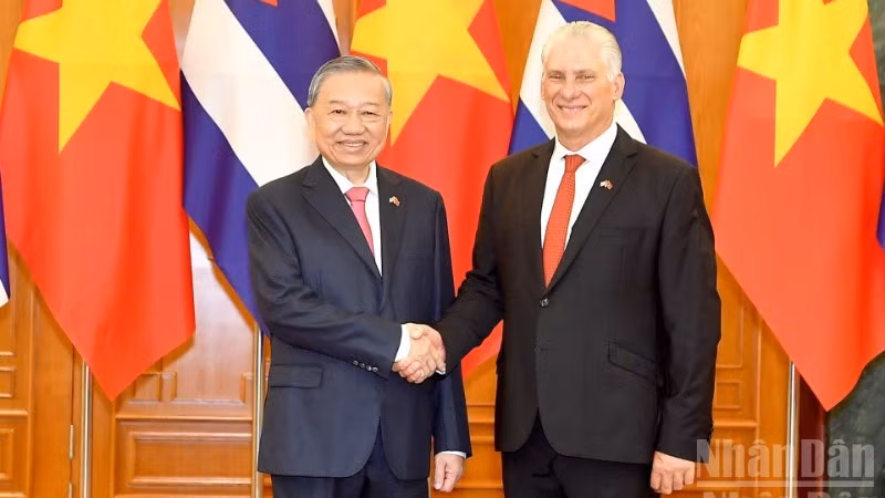 越共中央总书记苏林和古共中央第一书记、古巴共和国主席米格尔·迪亚斯。（登科 摄）