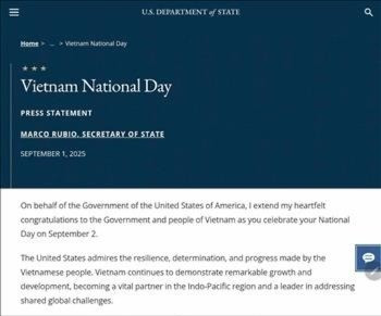 美国国务卿马尔科·鲁比奥在越南庆祝九·二国庆80周年之际代表美利坚合众国政府向越南政府和人民致以诚挚的祝贺。（图片来源：越通社）