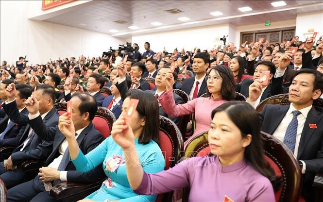 代表们表决通过大会决议草案。(图片来源：越通社）