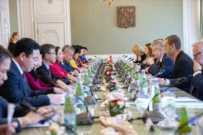 国会副主席阮氏清和越南国会代表团会见捷克参议院议长米洛什‧维斯特奇尔。（图片来源：越通社）