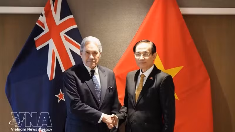 越共中央政治局委员、外交部长黎怀忠与新西兰外交部长温斯顿·彼得斯。（图片来源：越通社）