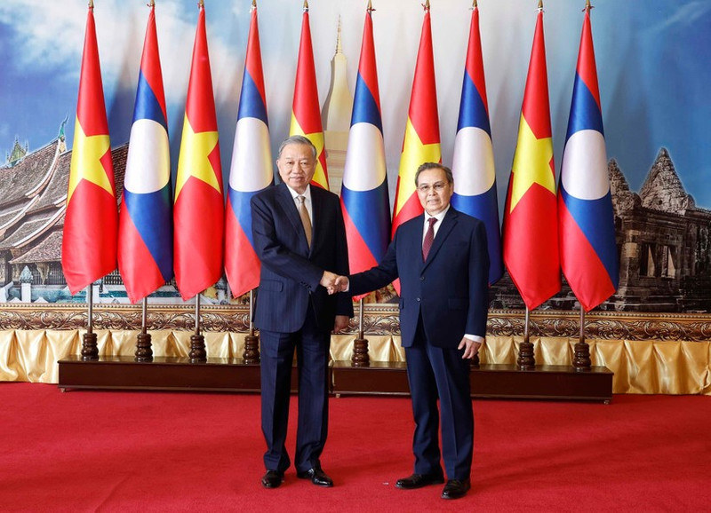 越共中央总书记苏林会见老挝国会主席赛宋蓬·丰威汉。（图片来源：越通社）