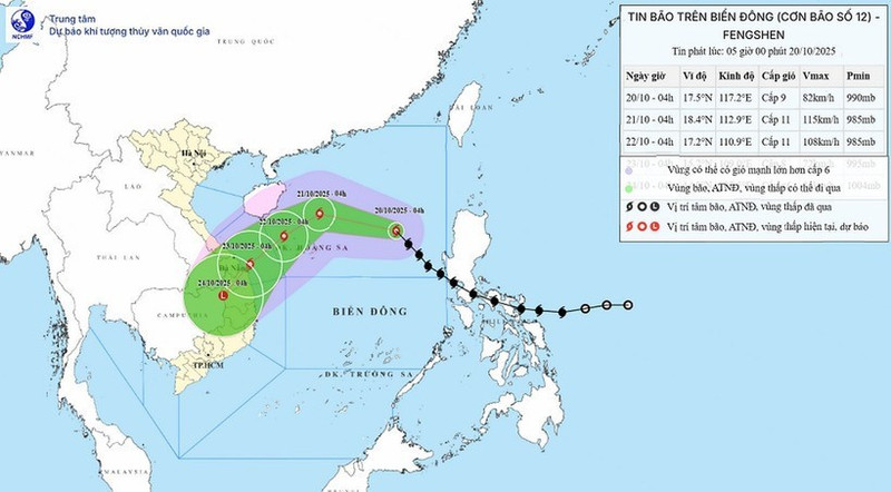 10月20日早晨5时，第12号台风的移动方向。（图片来源：越南国家气象水文预报中心）