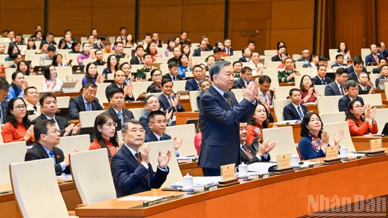 越共中央总书记、国家主席苏林以及各位党和国家领导人出席会议。（维灵 摄）