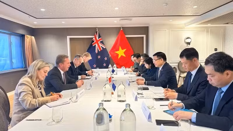 越南工贸部部长黎孟雄与新西兰贸易与投资部部长托德·麦克雷举行双边座谈。（图片来源：越通社）