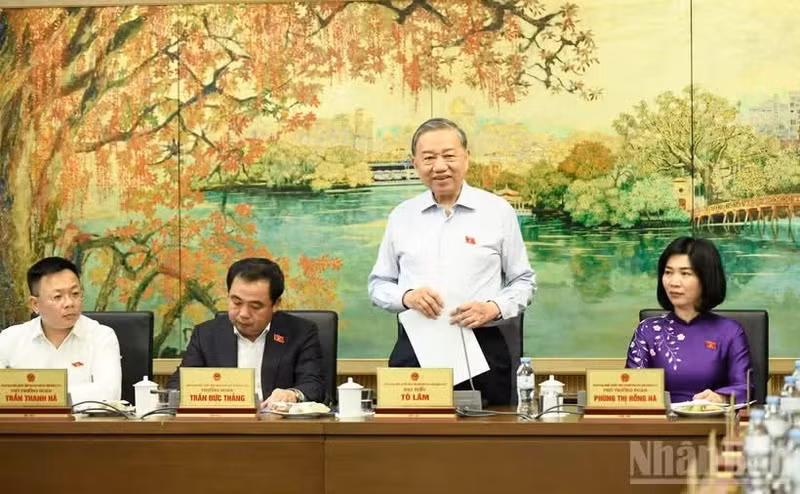 越共中央总书记、国家主席苏林同河内市国会代表进行分组讨论。（维灵 摄）