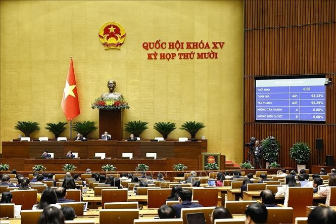 越南第十五届国会第十次会议12月5日下午表决通过《司法履历法若干条款修改补充法》。（图片来源：越通社）