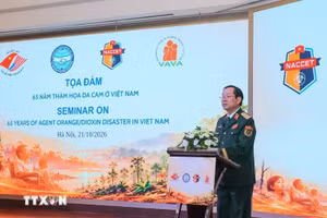 越南橙剂/二恶英受害者协会主席阮友政在会上发表讲话。(图片来源：越通社）