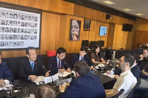 越共中央委员、中央内政部副部长黎鸿光与巴西劳动党领导举行工作会谈。（图片来源：越通社）