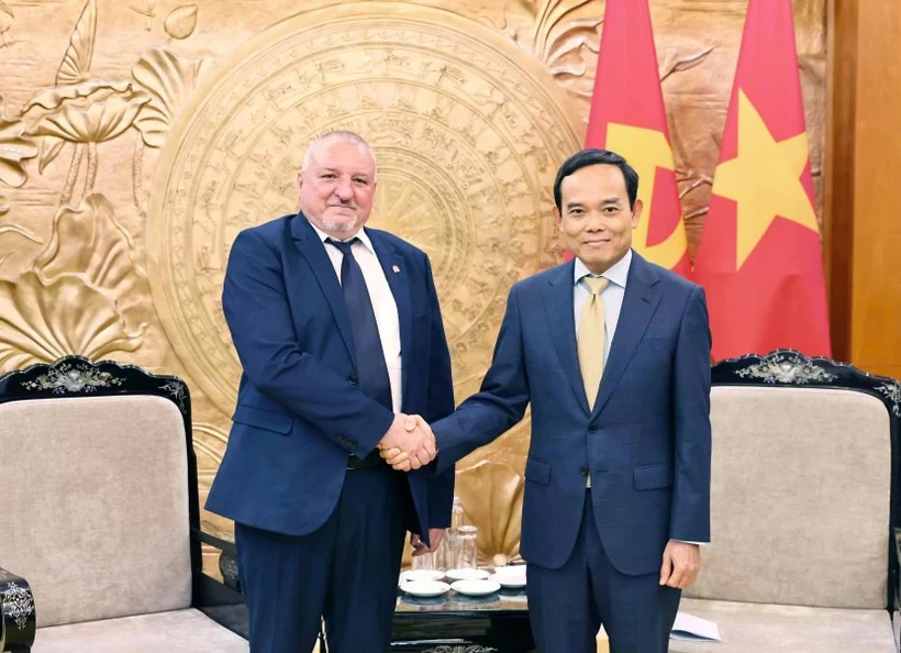 越共中央书记处书记、中央政策与战略部部长陈流光会见匈牙利社会党（MSZP）主席科姆亚蒂·伊姆莱（Komjáthi Imre）。（图片来源：越通社）