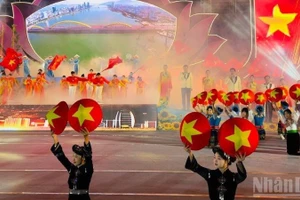 庆祝越共十四大成功的文艺演出。（青山 摄）