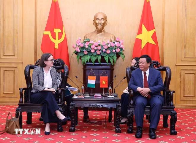 越共中央政治局委员、胡志明国家政治学院院长、中央理论委员会主任阮春胜会见爱尔兰驻越南大使法卢因。