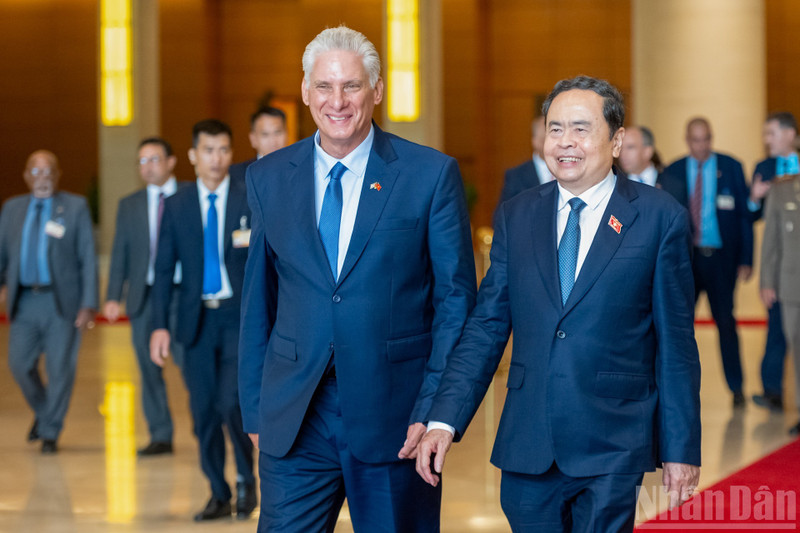 越南国会主席陈青敏和古共中央第一书记、古巴国家主席迪亚斯-卡内尔。