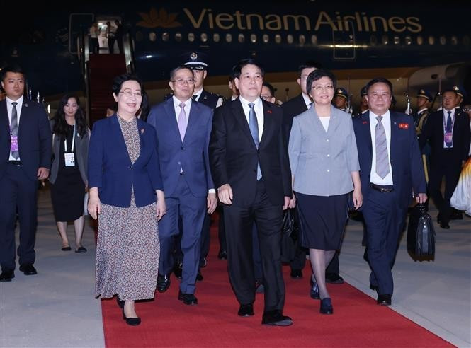 中国官员到机场迎接越南国家主席梁强一行。（图片来源：越通社）