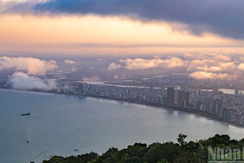 岘港在夕阳映照下隐现于绚丽的粉色云海之中。