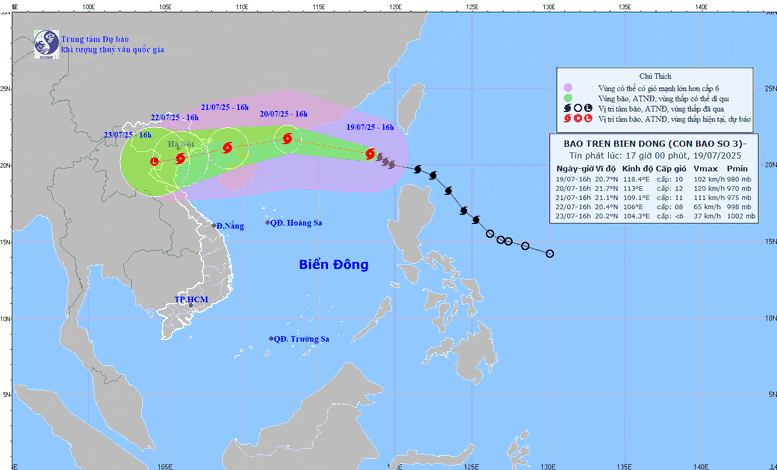 据预测，第3号台风于7月21日下午至晚间影响北部和北中部地区，带来强风和强降雨。（图片来源：国家气象水文预报中心供图）