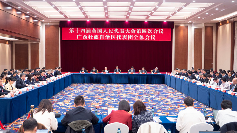中国十四届全国人大四次会议广西代表团在驻地召开第三次全体会议，审查“十五五”规划纲要草案。