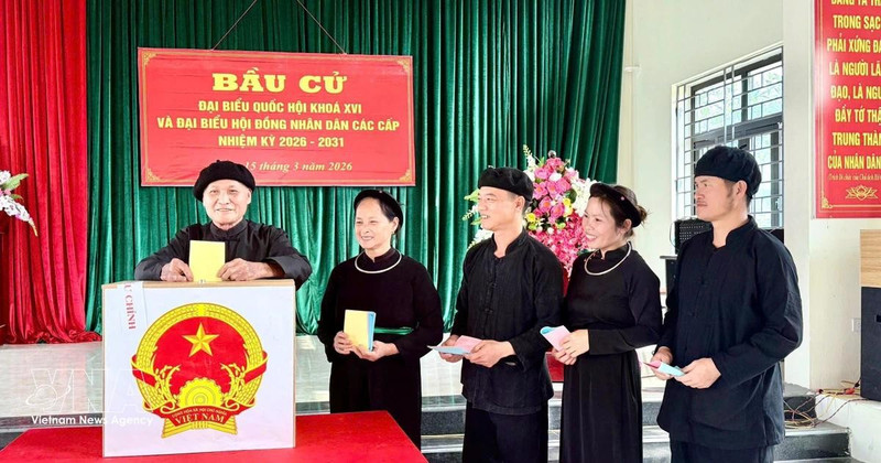 北江省安乐乡那奥村（Nà Ó）岱族同胞兴高采烈地参加投票。图片来源：越通社