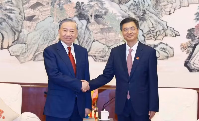 越共中央总书记、越南国家主席苏林会见中国广西壮族自治区党委书记陈刚。图片来源：越通社