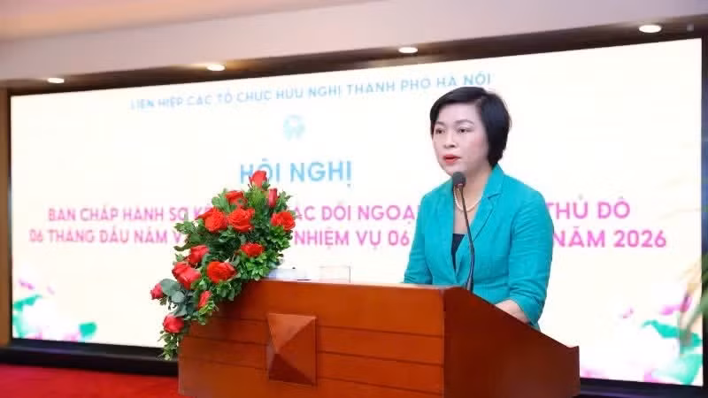 河内市友好组织联合会常务副主席陈氏芳在会议上作报告。