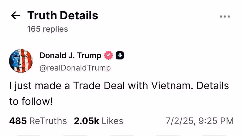 美国总统宣布与越南达成贸易协议。