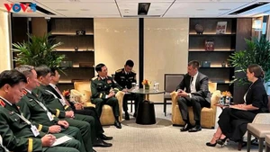 越南国防部部长潘文江大将与“国际战略研究所”（IISS）总干事兼首席执行官巴斯蒂安·吉格里奇博士进行双边会晤。（图片来源：越南之声） 