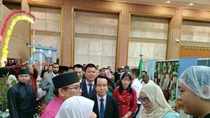 越南驻文莱大使陈英宇向文莱外交与贸易部第二部长艾瑞万介绍越南美食。（图片来源：越通社）