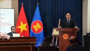 越共中央总书记苏林特使、越共中央政治局委员、越南外交部长黎怀忠通报越南共产党第十四次全国代表大会的成果。（图片来源：越通社）